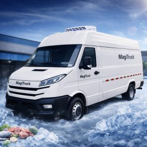 Refrigerated truck white high-roof reefer van with roof cooling unit and reflective side striping