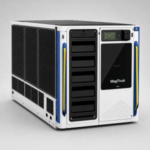 Refrigerated truck modular cooling unit by MagiTruck with white-black housing and vented side panel