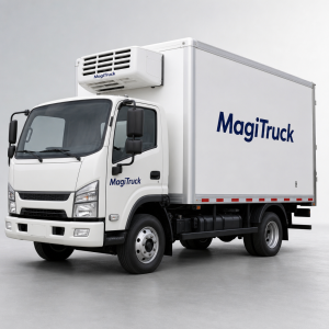 Refrigerated truck with insulated cargo box and roof-mounted cooling unit, branded MagiTruck