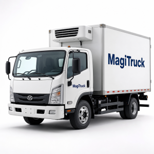 Refrigerated truck with insulated cargo box and MagiTruck branding for commercial cold chain transport